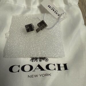 Coach Platinum Tone Geometric Crystal Stud Earrings | New with Dust Bag